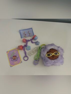 Daise Rumi Lilac Plush Doll Face bag charm and mini real product charm bracelet